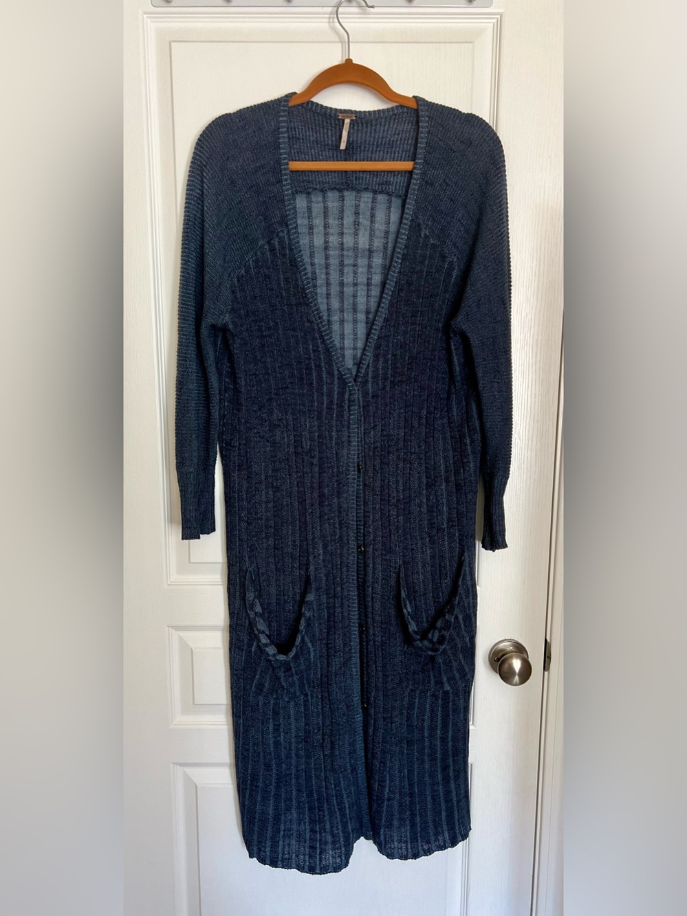 Free People Shadow Stripe Long Open-Front Ribbed Cardigan Duster -Navy